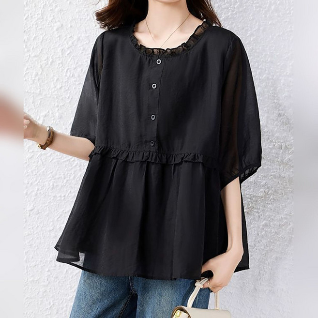 IWMAFT 여성 여름 쉬폰 블라우스 루즈핏 프릴 라운드넥 셔링 디자인 체형커버 데일리 티셔츠 FC678