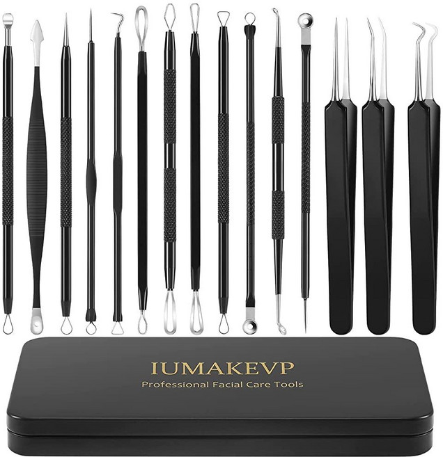 Pimple Popper 공구 키트 IUMAKEVP 15피스 전문 스테인리스 스틸 블랙헤드 리무버 면포 추출기 도구 블랙헤드 얼굴 자국 제거용 - 제거 금속 케이스 포