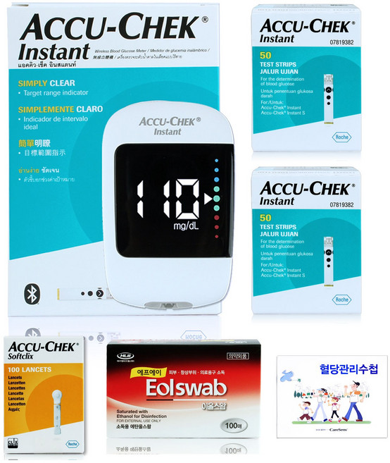 로슈 아큐첵 인스턴트(블루투스) 혈당측정기+시험지 110개+소프트클릭스 채혈침 100개+알콜솜 100매+채혈기+파우치+수첩, 1개
