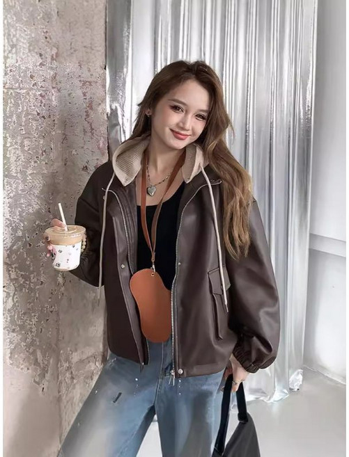 美式復古設計感連帽PU皮衣外套