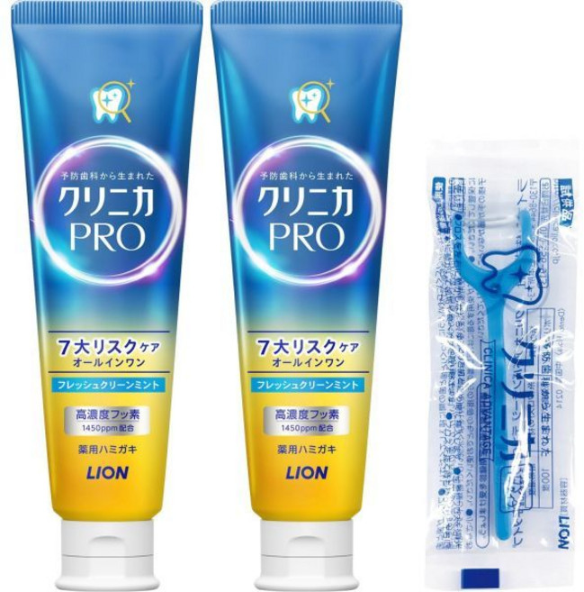 클리니카 프로 (준약품) 올인원 치약 상쾌한 민트 불소 치주 질환 3.3 oz (95 g) x 2팩 + 치실 포함 치간 칫솔 오랄 케어