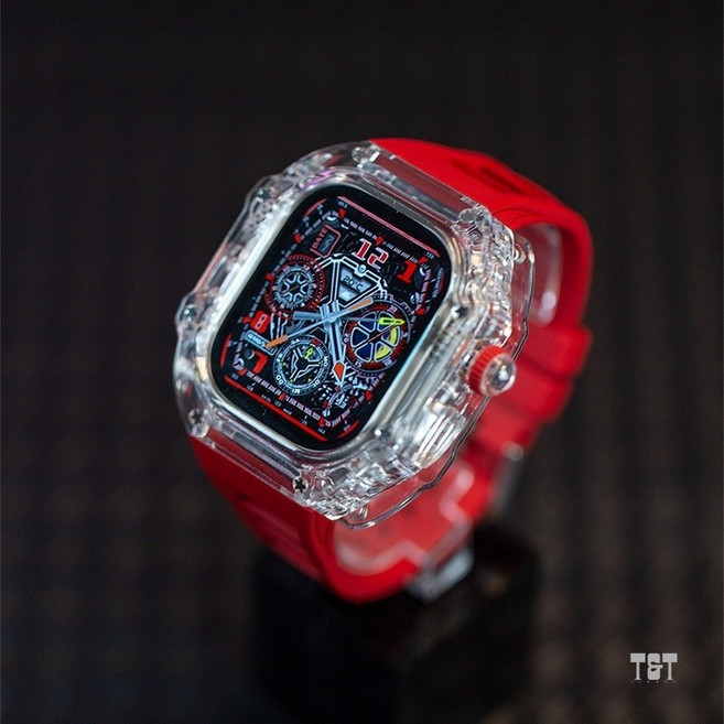 理查德改裝 Apple Watch, 冰川錶殼+紅色硅膠錶帶+針扣,45mm, 1個