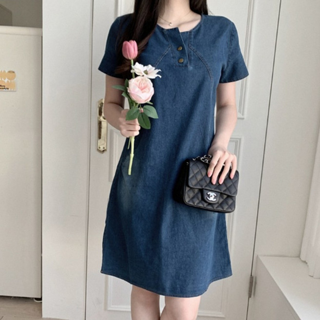 화인홈 미니 스커트 봄 여름 빈티지 반소매 청치마 원피스 예쁜원피스 여름 데님 팔 드레스 슬리밍 캐주얼 폴로 칼라 중간 길이 셔츠원피스