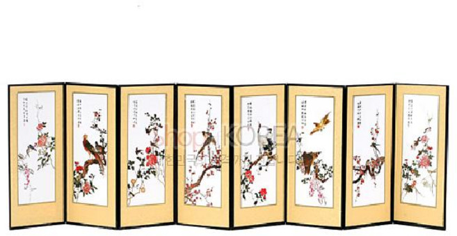 8폭 실크 미니병풍 화조도 전통 자수 장식 병풍 한국 전통 인테리어 소품, 한지포장 - 1개비용, 인쇄없음