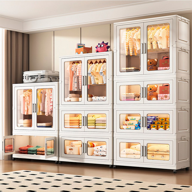 옷장형 접이식 수납장 이동식 수납장 대용량 플라스틱 수납장 다층 옷장 수납장 폴딩 수납장, 화이트