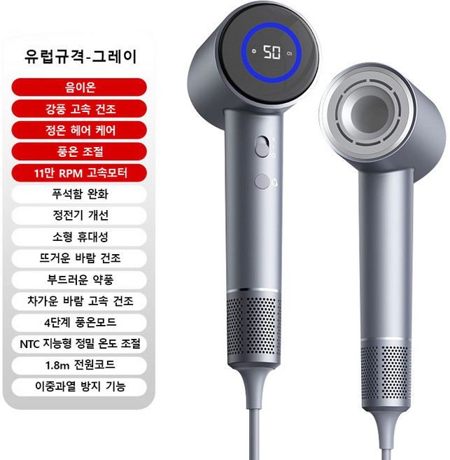 PHILOGEO BLDC 프로 에어 드라이기 디지털 디스플레이 110000rpm 하단모터구조 에어링플로우, 회색