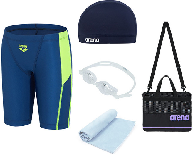 AKT-5952-네이비 아레나 남아동 생존수영키트 5종 (수경 수모 수영복 메쉬가방 타올 폴리백 세트)