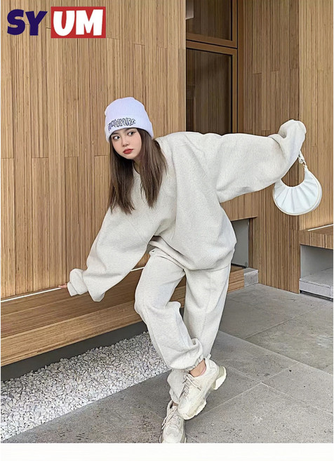 SYUM 가을 겨울 여성운동복 맨투긴팔티 투피스 루즈핏 세트 데일리 캐주얼