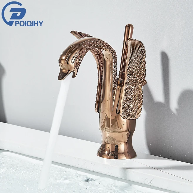 POIQIHY 백조 황금 수도꼭지 세면기 탭 욕실의 싱글 핸들 믹서 블랙