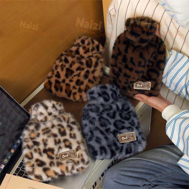 豹紋防爆毛絨灌水熱水袋 復古學生注水暖手暖水袋, 卡其色豹紋款【800毫升】, 1個