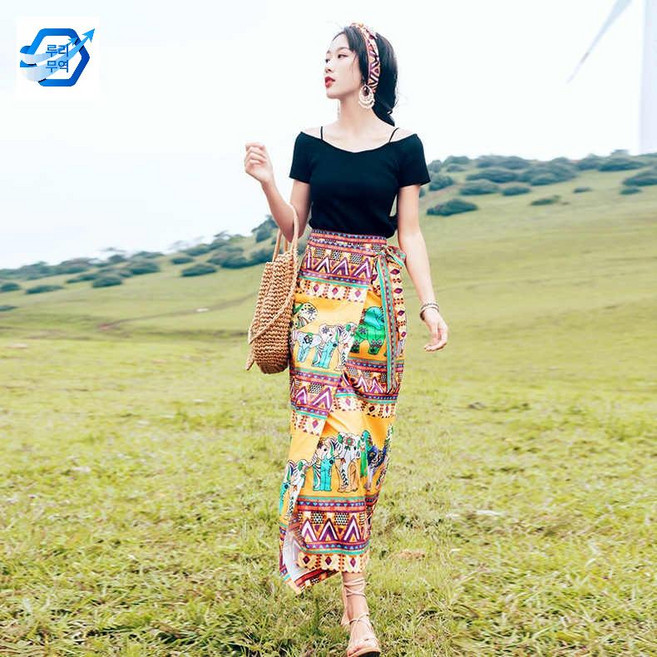 원피스 왕궁 비치 태국 스커트 앞치마 힙 랩 코끼리 사롱 리조트 해변 스타일, 옐로우 같은 헤어밴드 선물, S40-50kg, 옐로우