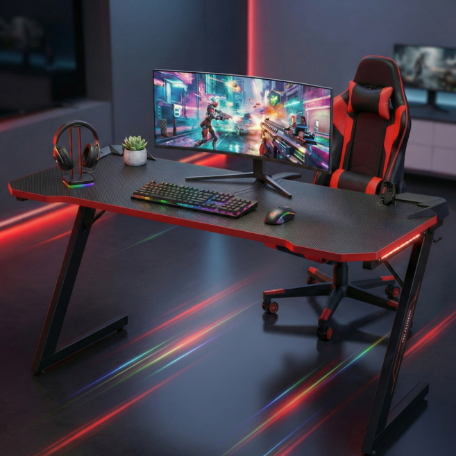 피리니 1인용 컴퓨터책상 카본패턴 게이밍 테이블 Z자형 사무용