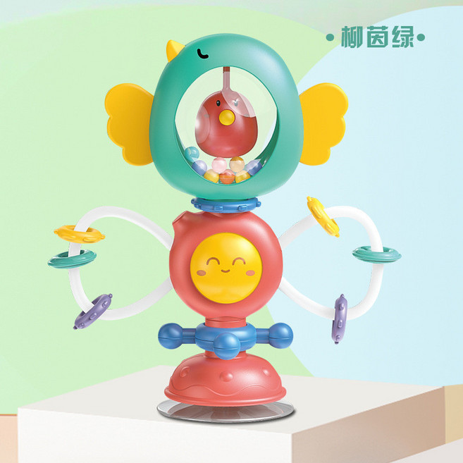 多功能吸盤轉轉樂安撫搖鈴 柳茵綠 穩固吸附不易傾倒 早教益智餐桌玩具 柔軟可啃咬牙膠, 1個, 吸盤搖鈴轉轉樂【綠色】