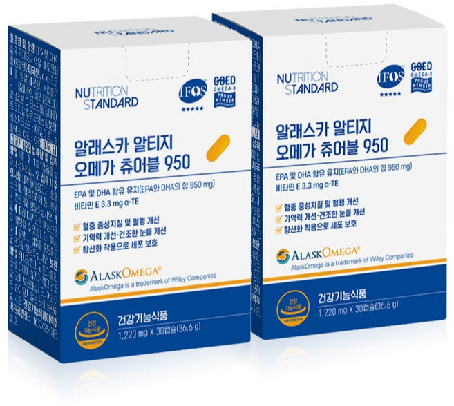 뉴트리션 스탠다드 알래스카 알티지 오메가3 츄어블 950 2개월 60캡슐 비타민E, 2박스, 30정