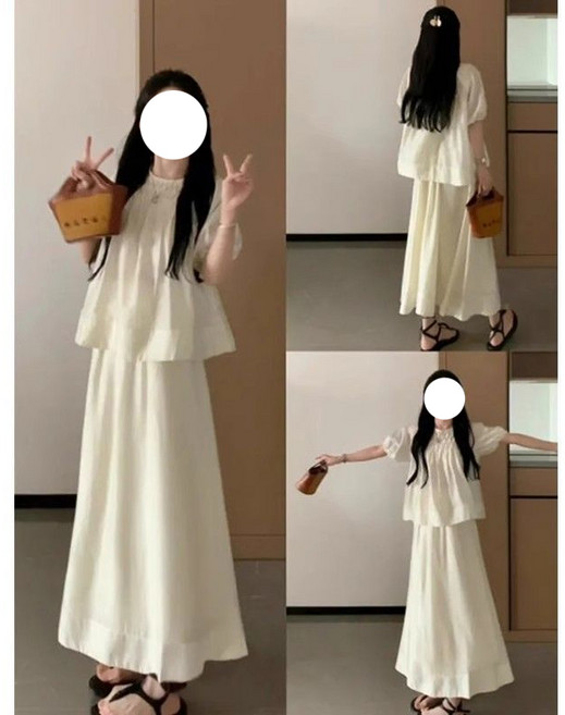 해피유통여성 여름 루즈핏 쉬폰 반팔 블라우스 + 롱 스커트 투피스 심플한 무버튼 우아한 스타일XG03