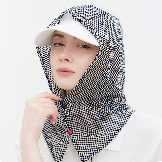 엠엠스포츠 자외선차단 매쉬 체크 모자 골프 등산 후드 얼굴 햇빛가리개, 1개, 블랙