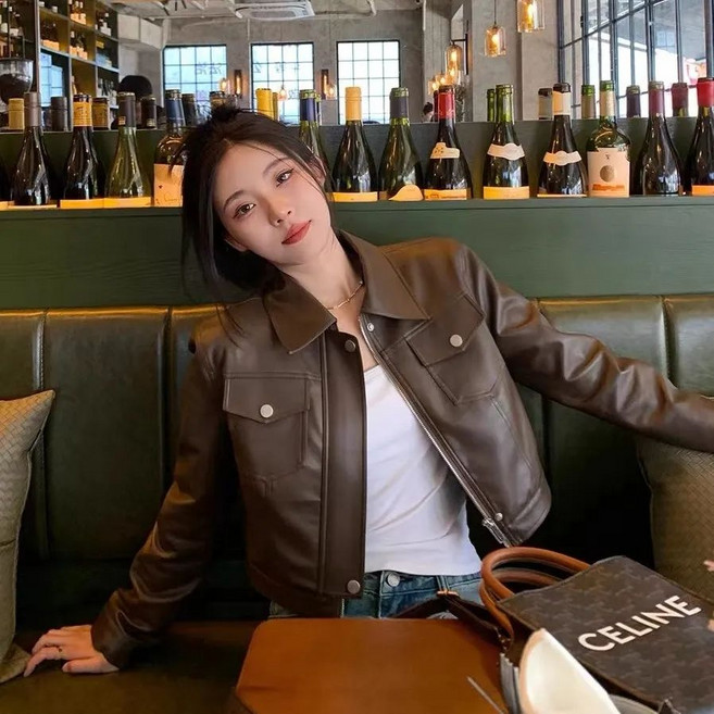 여성용 쇼트 PU 재킷 봄 가을 기본핏 인조 레더 라이더 재킷 Women's Jacket 1P016