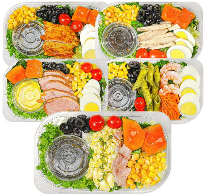 [한끼그린] 토핑가득! 5팩 샐러드 고단백 다이어트 식단 총1.54kg(에그마요+탄두리 닭가슴살+새우바질+훈제오리+닭가슴살 샐러드I), 1.54kg, 1개