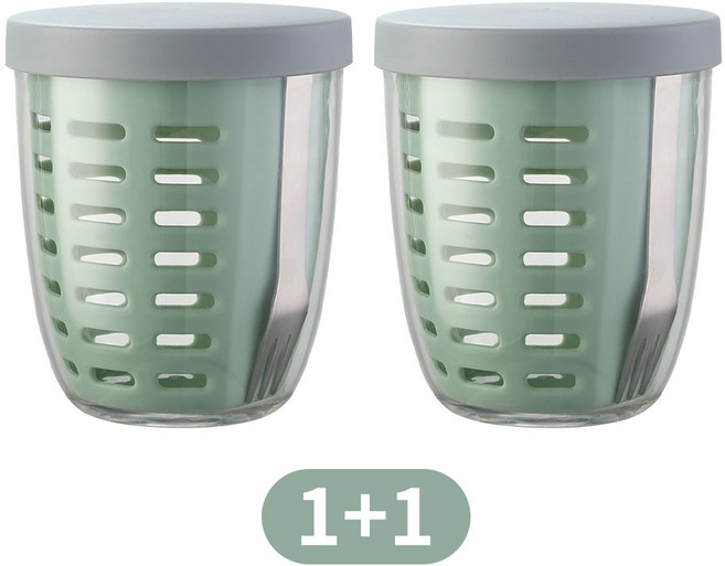 SMABAT 런치팟 포크 2P세트 샐러드 도시락통 과일 보관 용기 600ml 디저트 밀폐용기 304스텐 포크 탈수망 포함, 그린, 2개