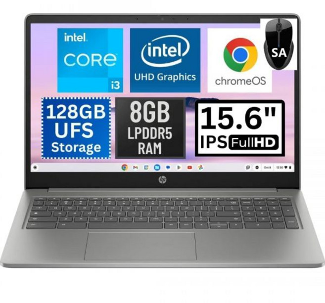 HP 15.6인치 FHD 프리미엄 AI 크롬북 플러스 인텔 i3 프로세서 3.8GHz 터보 속도 8GB RAM 128GB SSD 초고속 Wi-Fi 6 최대 9.6Gbps, HP 15.6인치 FHD 프리미엄 AI 크롬북 플러스,