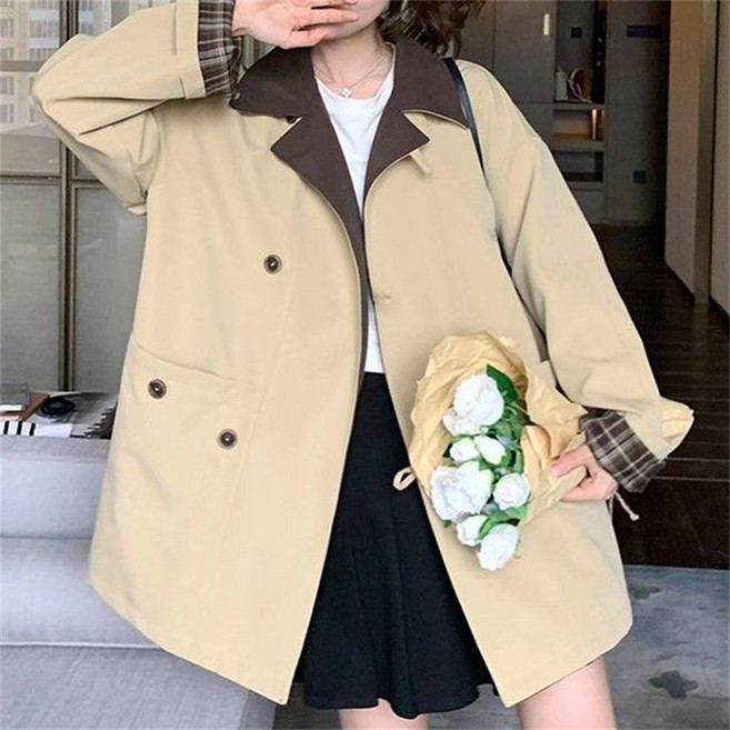 AOKADA 여성 봄 가을 루즈핏 카라넥 바람막이 롤업 체크 소매 하프 코트