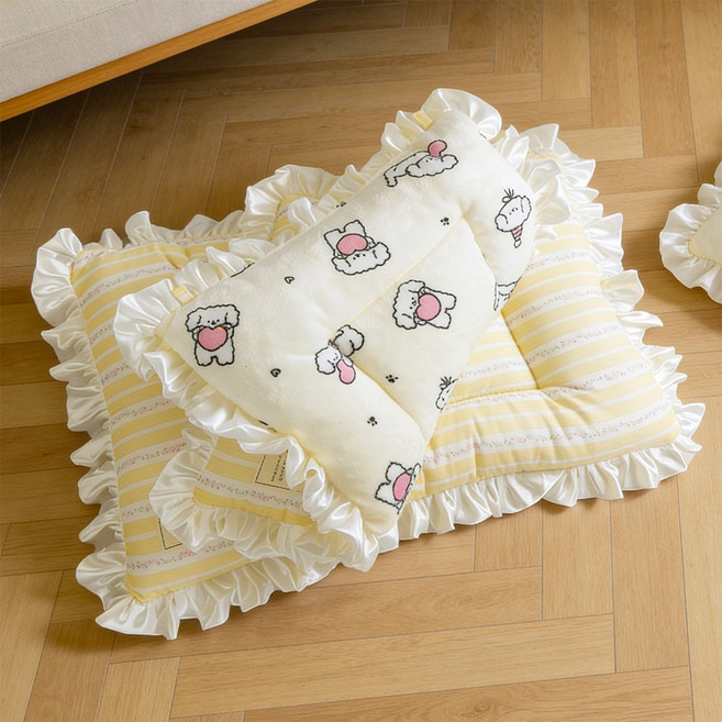 강아지 방석 옐로레이스 뽀숑쿠션 양면사용, 1개, 노란색