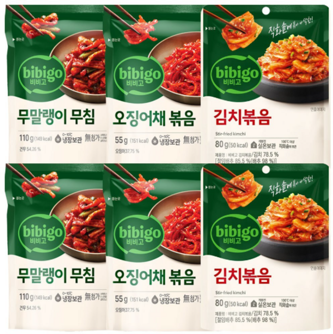 비비고 반찬(무말랭이2+오징어채볶음2+김치볶음2), 1세트, 490g