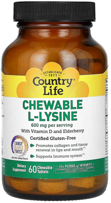 컨트리라이프 l-라이신+비타민D+엘더베리 츄어블정 오렌지 맛 600mg 60정(개당 300mg), 1개, 60정