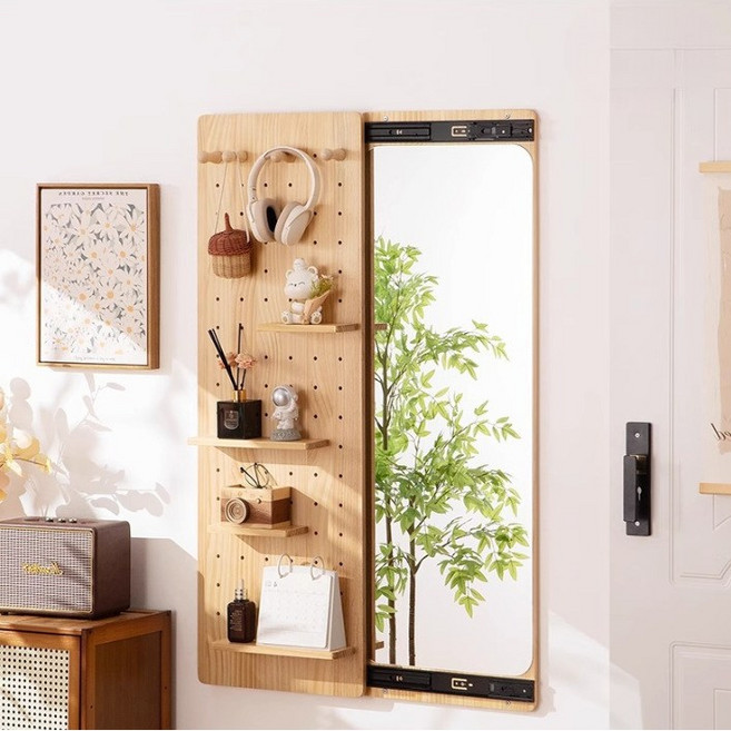 Tixpra 수납 일체형 전신경 스텔스 스몰타입 침실 현관 벽걸이 전신경, 원목