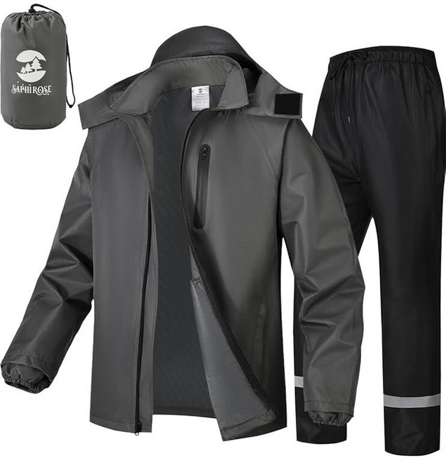 SaphiRose 남성용 방수 레인 수트 2개/세트 골프 오토바이 낚시용 휴대용 레인 기어(그레이 XXL), XX-Large, Grey/Reflective Strip
