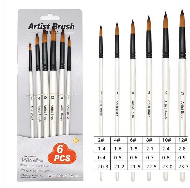 HB문화사 프리미엄 수채화 아크릴 유화 겸용 둥근붓 세트, 6개입