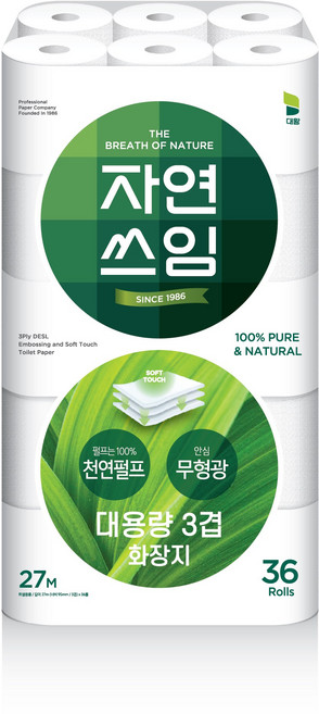 자연쓰임 천연펄프 36롤 대용량 3겹 화장지 1팩, 27m, 36개, 1