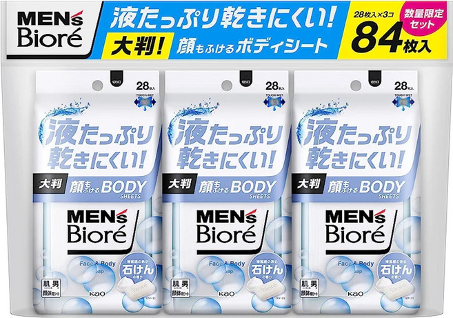 비오레 남성 얼굴 몸 땀 냄새 억제 시트 비누향 28매 x3, 28매 x 3개입