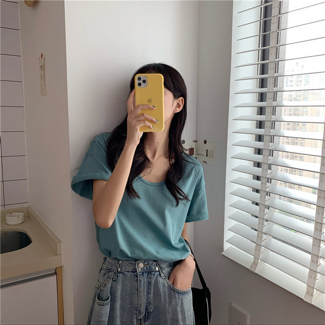 IBOY UGIRL 여성 여름 U넥 기본 이너 반팔 티셔츠