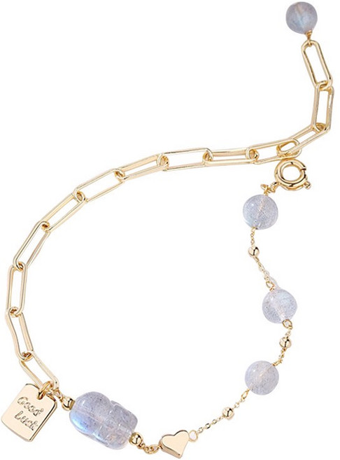 5A級灰月光石貔貅手鍊 14K包金 守護感情 招財轉運簡約手飾