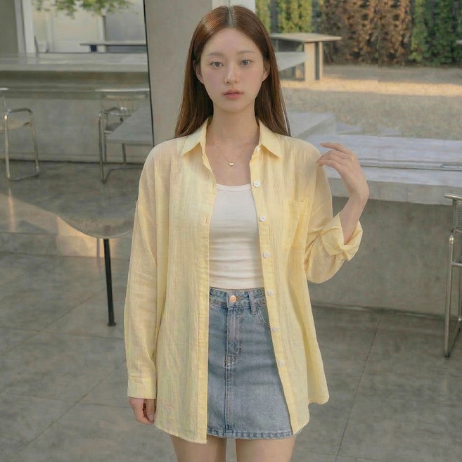 지쥬 자체제작 여성 여름 시스루 셔츠 오버핏 루즈핏 긴팔 여름 데일리 가디건 남방 빅사이즈 캐주얼