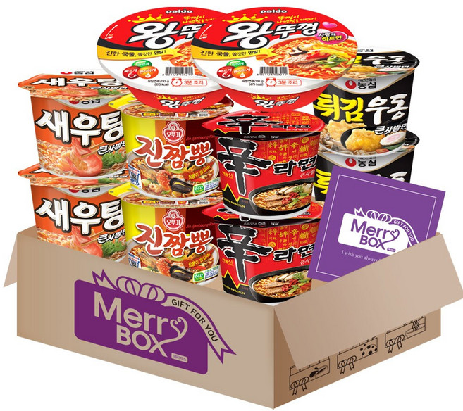 [메리박스] 큰컵라면세트 02호(왕뚜껑2+진짬뽕2+새우탕2+튀김우동2+신라면2)+메세지카드, 1박스
