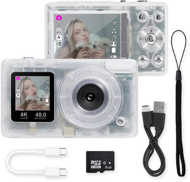 디얼 셀피 모드 빈티지 디카 미니 디지털 카메라, 클리어(본품+8GB SD카드+C TO C케이블)