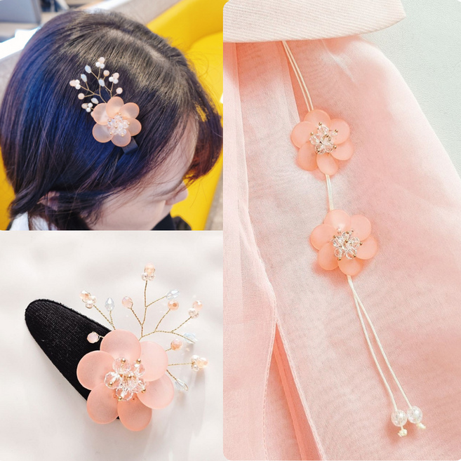 BEEU 비유 앵두꽃 머리핀+노리개 명절 설 추석 돌잔치 결혼식 혼주 국악 여성 성인 여아 한복 노리개 머리핀 헤어핀 머리장식 장신구 헤어장식 헤어악세사리 집게핀 똑딱핀