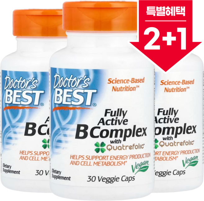 2+1 닥터스베스트 Quatrefolic 함유 완전 활성 비타민B 복합체 베지 캡슐 30정 나이아신 엽산 비오틴 판토텐산 함유 / 해외직구 미국정품, 3개