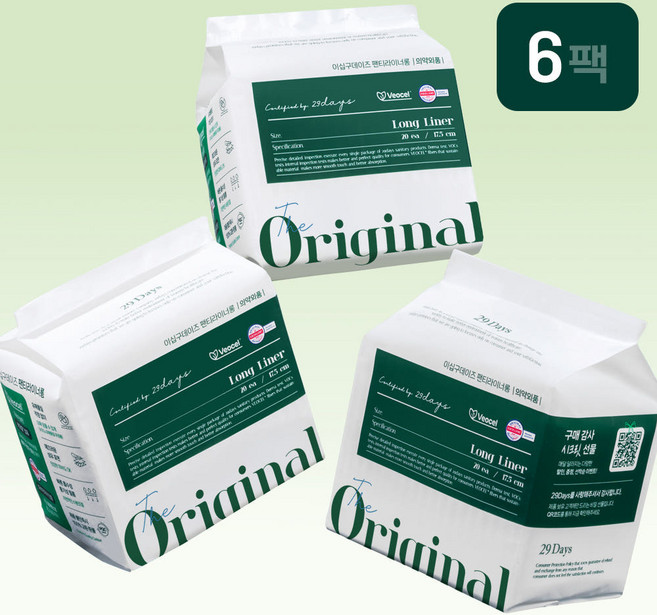 29데이즈 비오셀 친환경 팬티라이너 롱 20개입 6팩, 6개