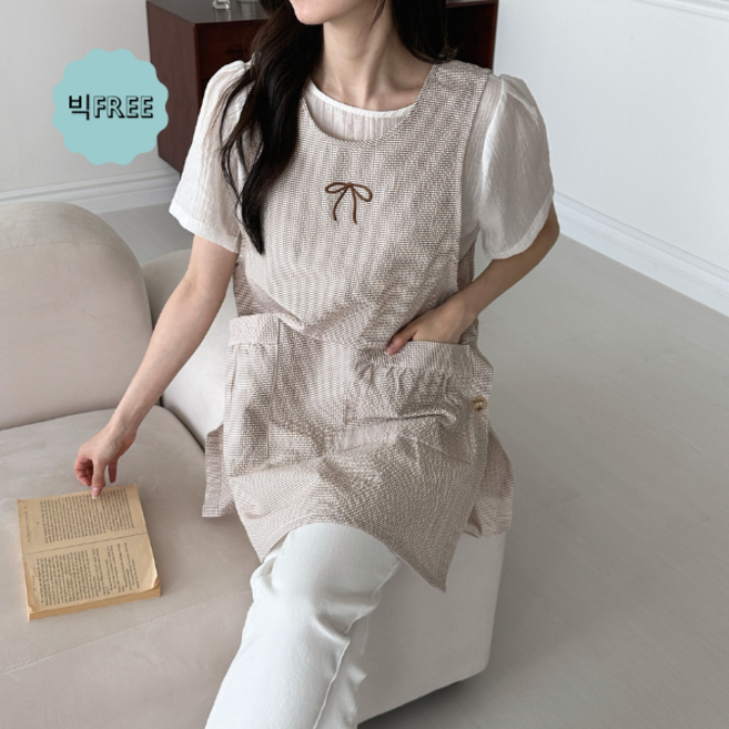 빅사이즈 리본자수 지지미 앞치마 단추형 원피스 예쁜 유치원 어린이집 선생님 보육교사 요양보호사 아이돌보미 교사 실습 앞치마 린다스 에이프런샵, 빅_베이지, 1개