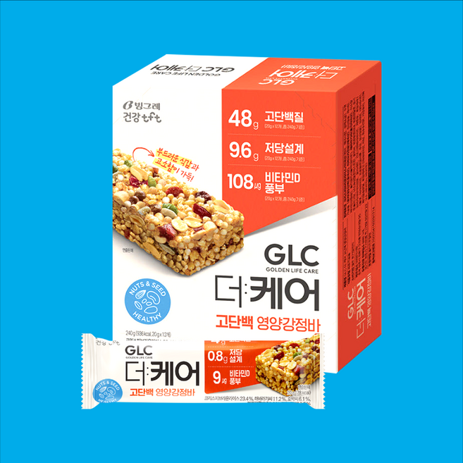 빙그레 GLC 더케어 고단백 영양강정바, 20g, 12개