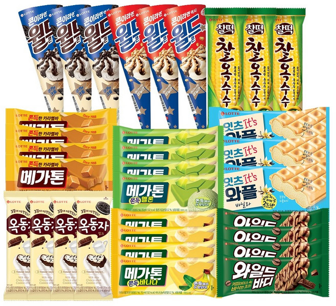 롯데 막대 콘 샌드 9종 아이스크림 옥동자 와일드바디 메가톤바 월드콘 찰옥수수, 32개, 70ml