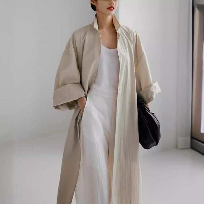 슬림소녀 여성 코튼린넨 롱오픈 원피스형 코트 봄 여름