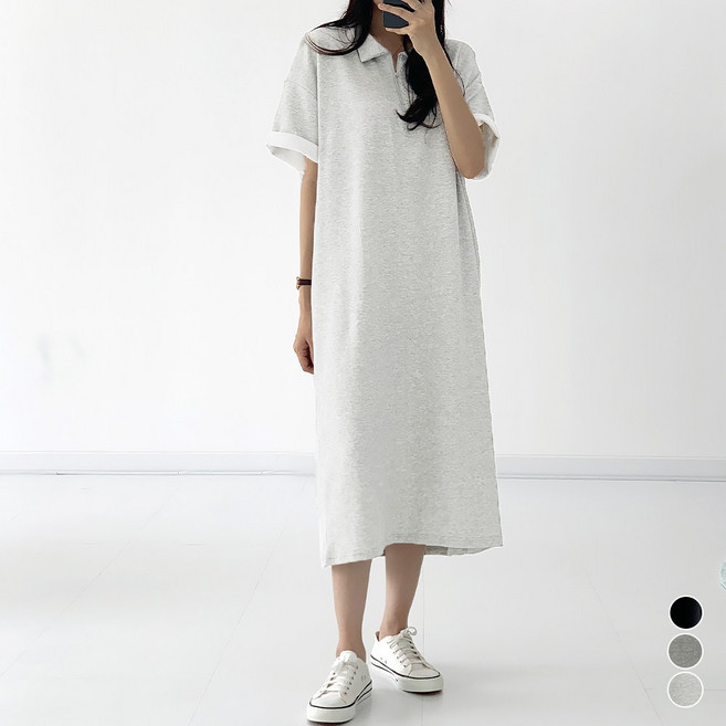 끌로이 여성용 베이직 데일리 오버핏 루즈핏 빅사이즈까지 지퍼 카라 반팔 롱 원피스 데일리룩 임부복 등원룩 44~77빅사이즈까지