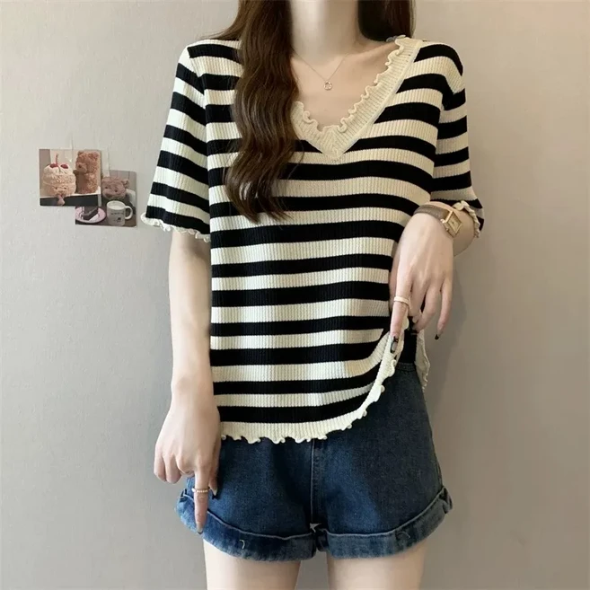 COSYEVNO 여성 여름 물결넥 스트라이프 반팔 티셔츠 캐주얼 Tzkmmdx-3