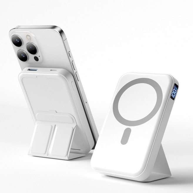 TRYSEEK 맥세이프 보조배터리 10000mAh 무선 보조배터리 고속충전 PD22.5W QC3.0 C타입 핸드폰거치대, 화이트, W15