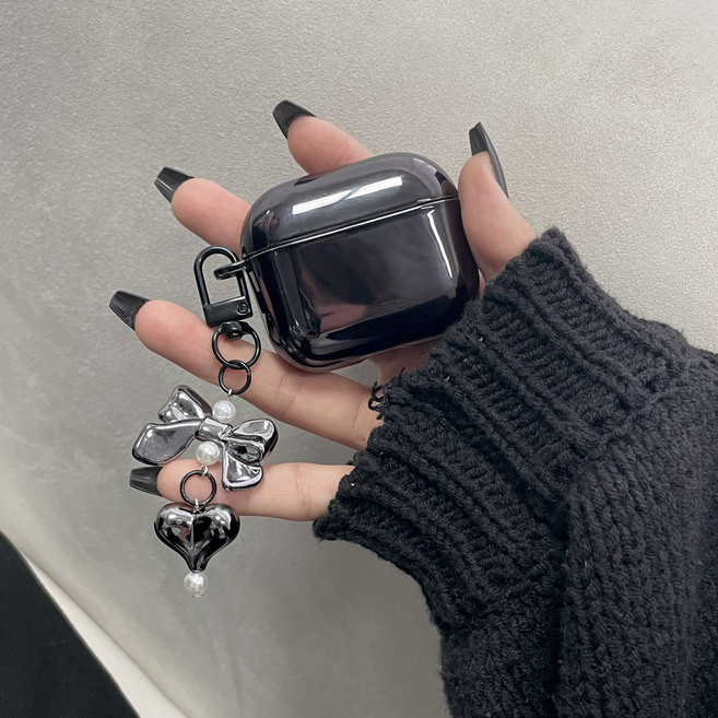 에어팟 케이스 크롬 리본 하트 메탈 키링 세트, 블랙 세트, 에어팟 PRO