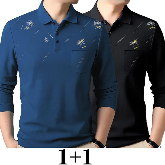 1+1 중년 남성 카라넥 긴팔 티셔츠 봄가을 패션 코디 긴팔티 아빠 캐주얼 기질 폴로넥 상의 SJS